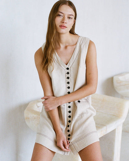 Cream Linen Button Down Mini Dress