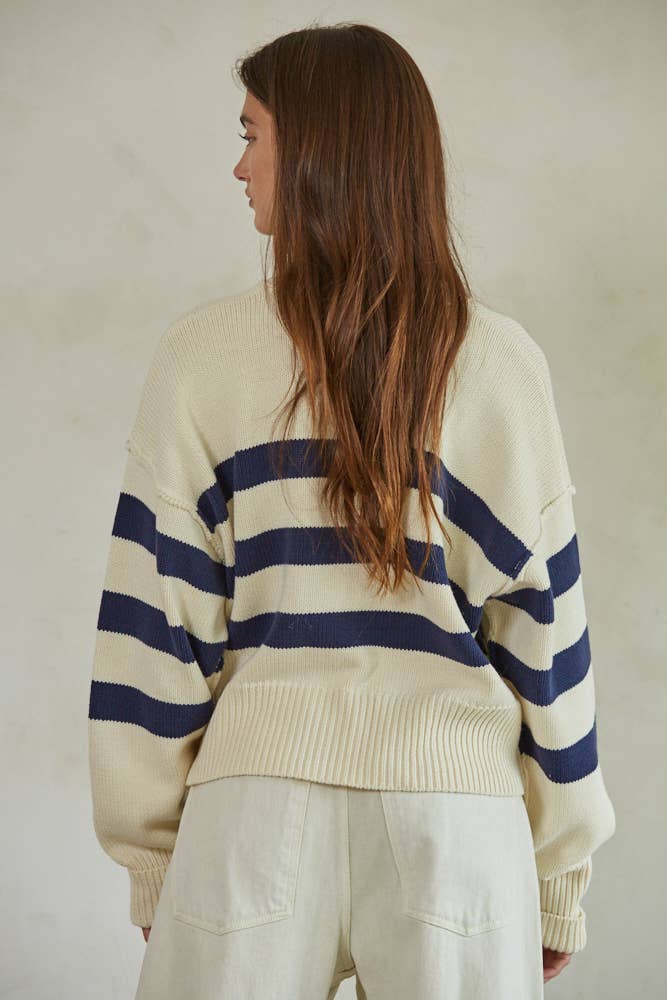 Cream and Navy Striped Button Down Cardigan