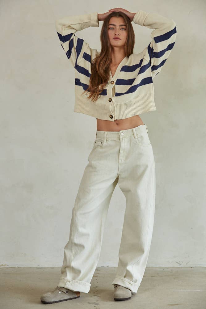 Cream and Navy Striped Button Down Cardigan