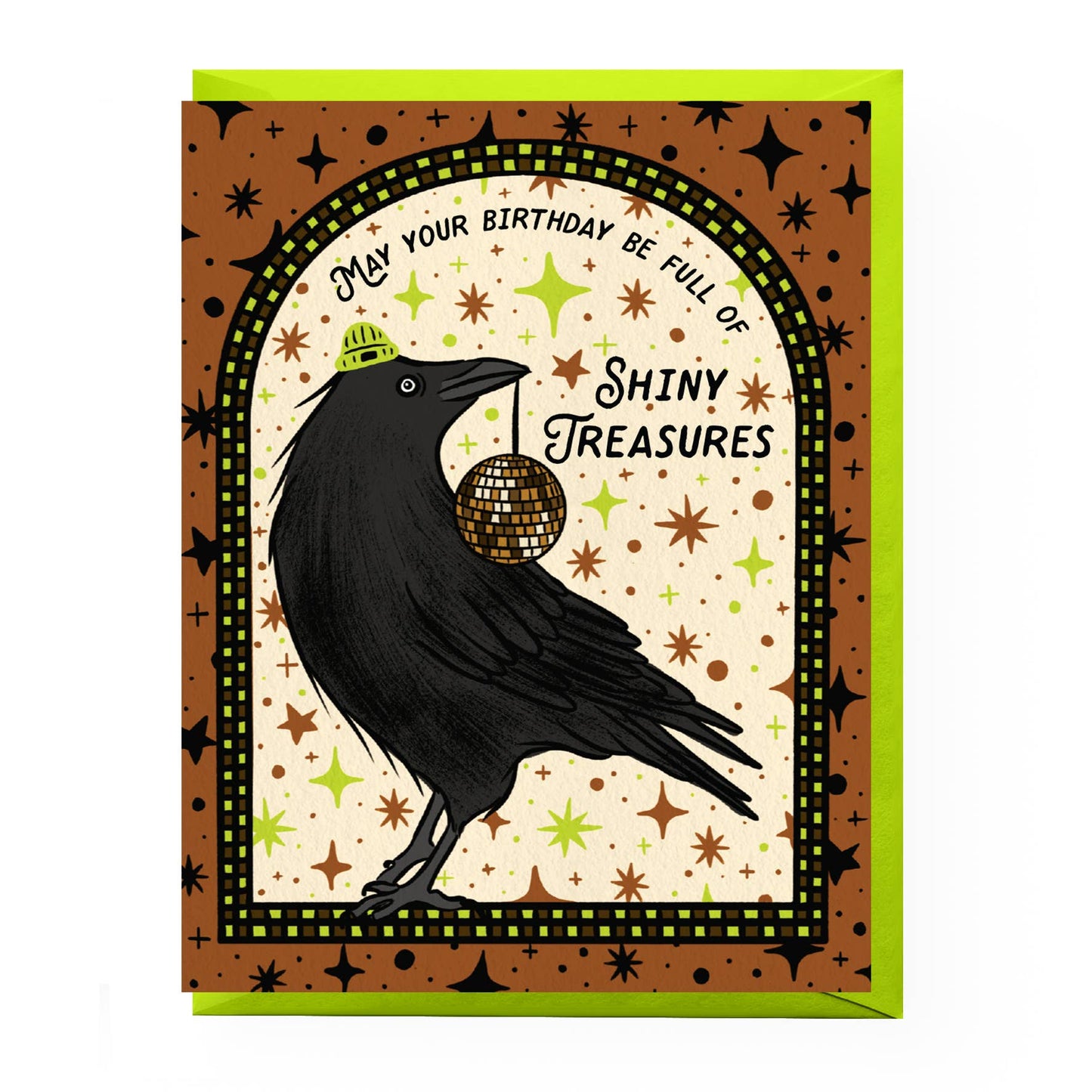 Greeting card with a black crow holding a disco ball and celebratory text on a patterned background.