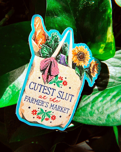 Sticker with a design of a bag of groceries and text 'Cutest Slut at the Farmer's Market' against a green leafy background.