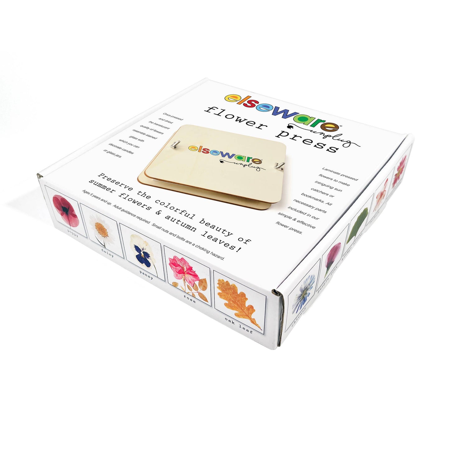 Boxed elsewaro flower press with floral illustrations on a white background