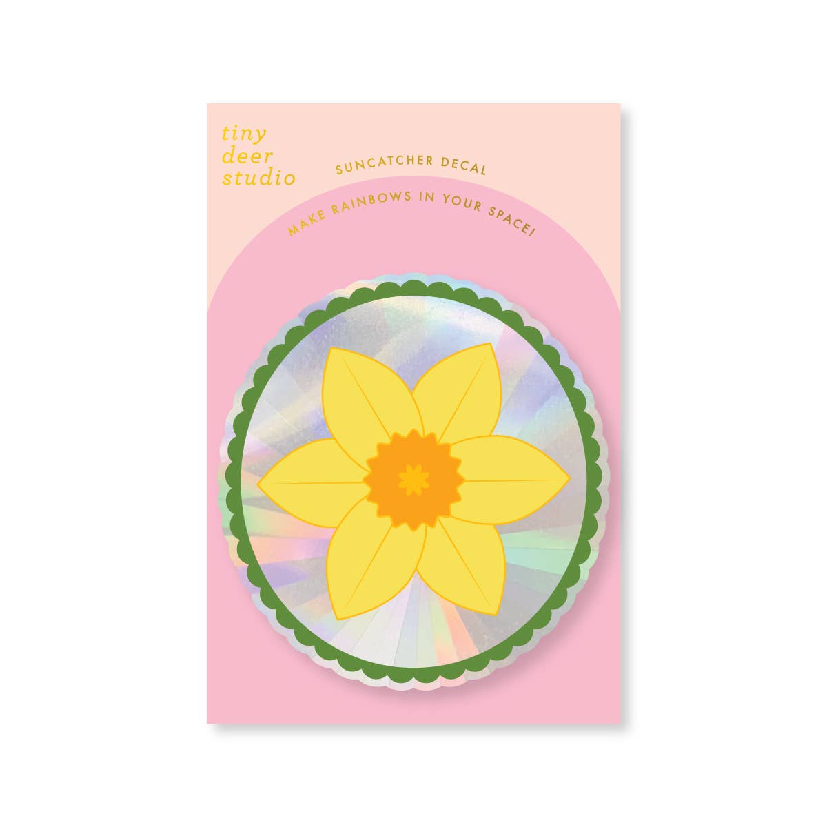 Suncatcher decal with a yellow flower design on a pink card from Tiny Deer Studio.