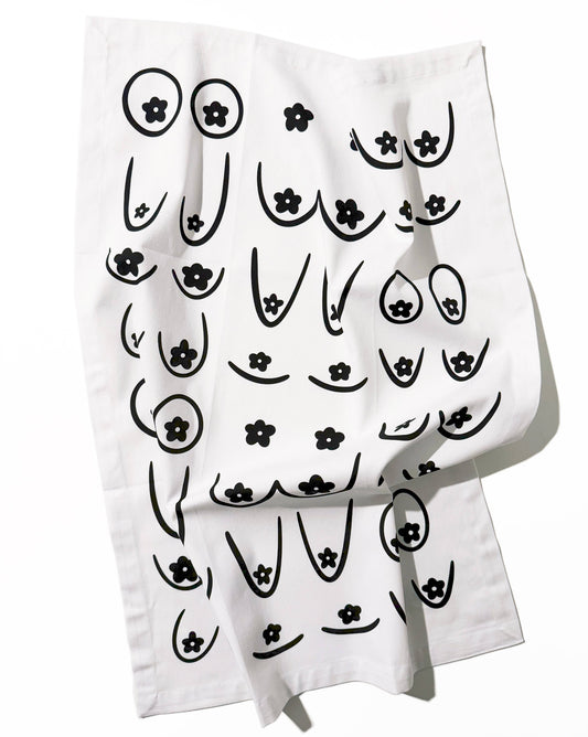 White towel with black abstract designs on a white background, Daisy Boob Kitchen Tea Towel