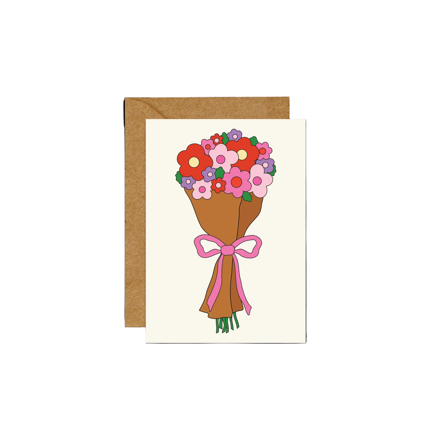Greeting card with a bouquet of flowers and a pink bow on a white background