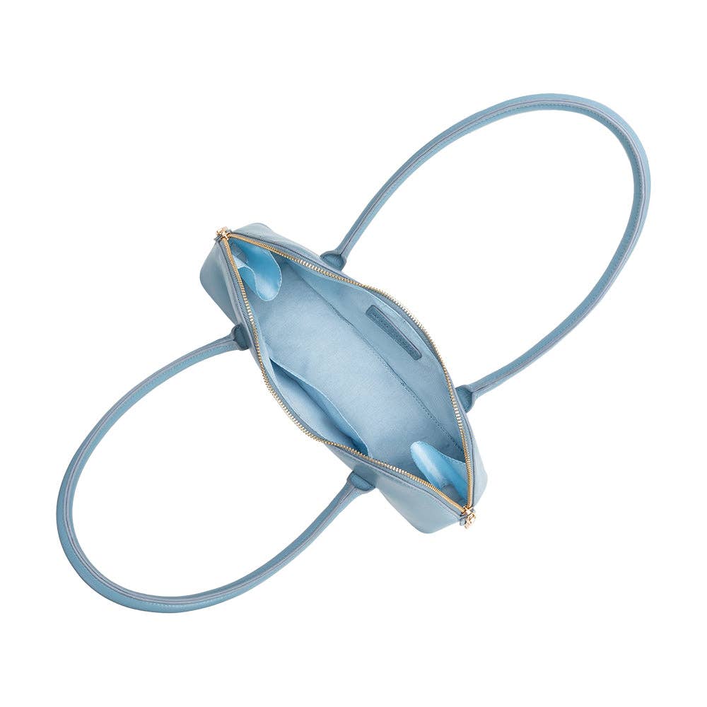Light blue handbag with a gold zipper on a white background Dakota Blue Shoulder Bag Melie Bianco