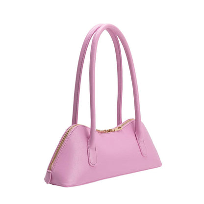 Pink handbag with a gold zipper on a white background