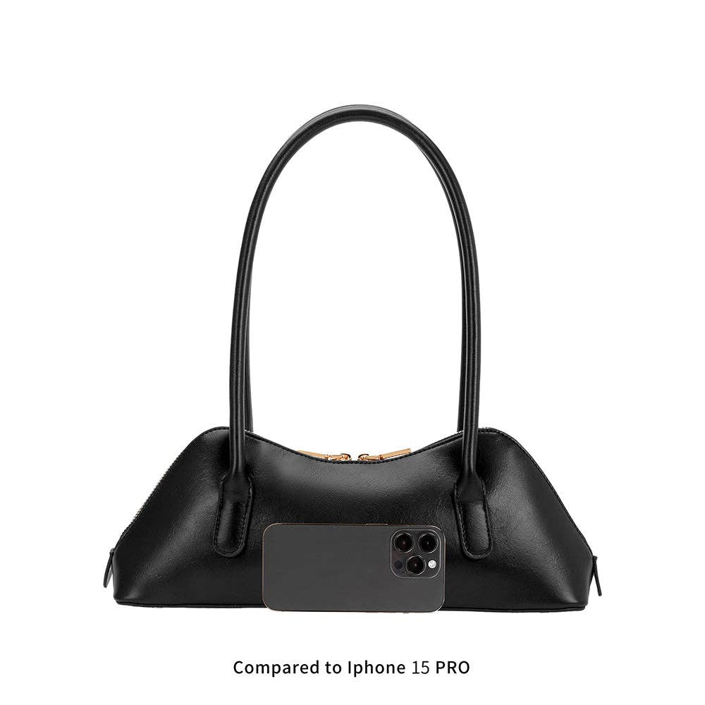 Black handbag with a phone case on a white background
