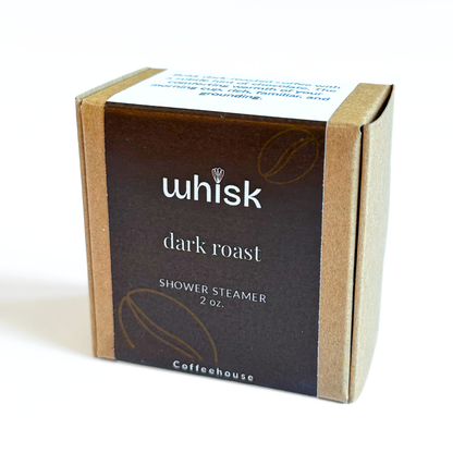 Whisk dark roast shower steamer packaging on a white background