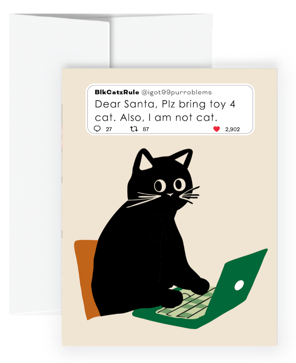 Greeting card with a black cat sitting on a laptop, resembling a tweet, on a beige background.