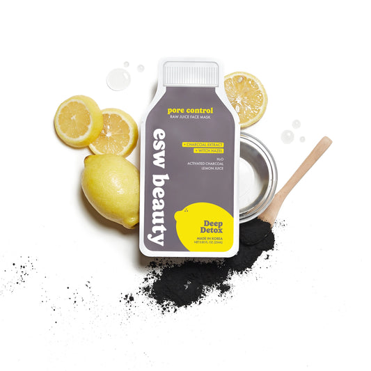 Esw Beauty deep detox face mask packaging with lemons and a wooden spoon on a white background