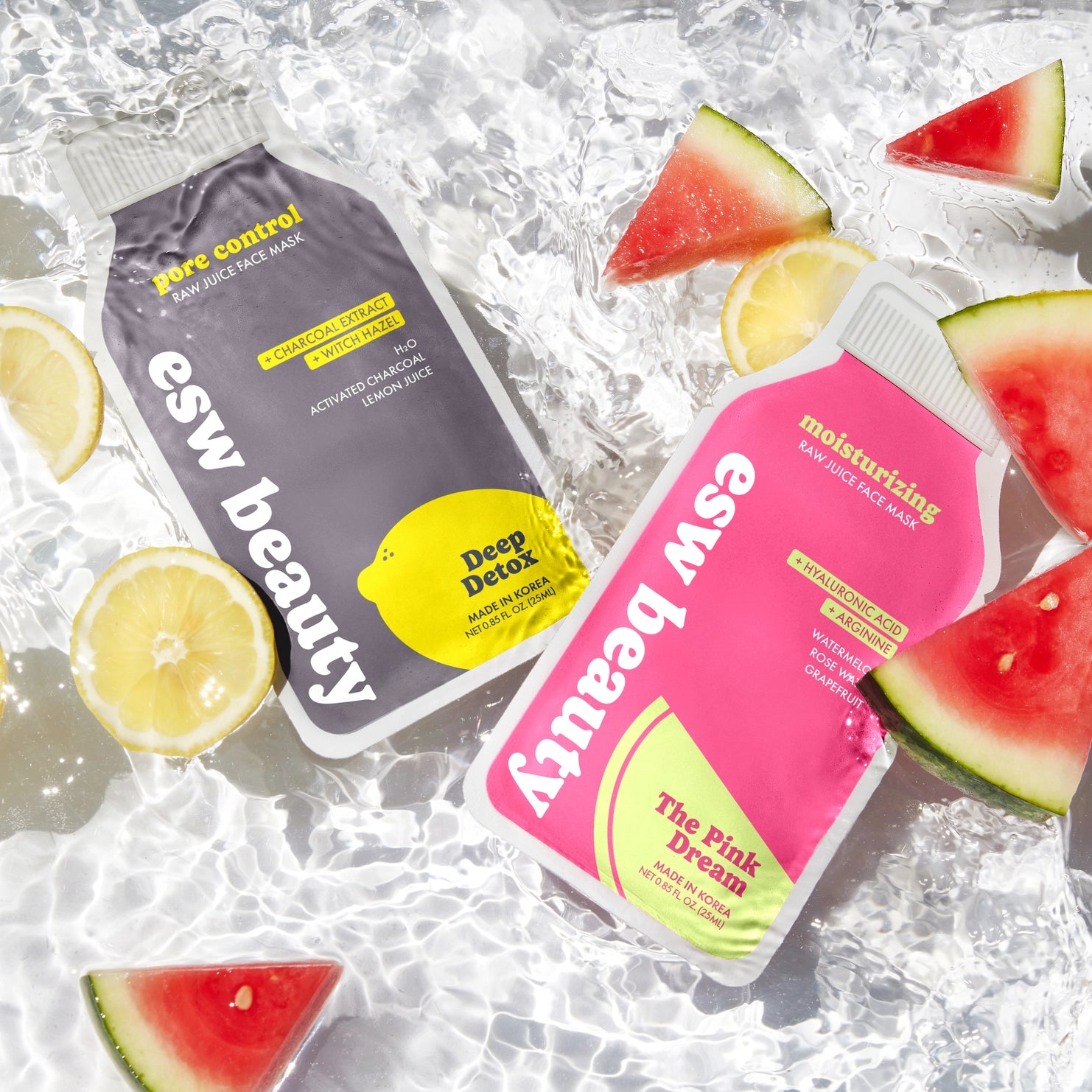 Two ESW Beauty face mask packages with watermelon and lemon slices on a textured surface.