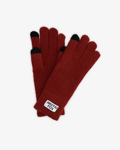 Red gloves with black tips and Arctic Fox logo on a white background, Deep Terracotta Recycled Bottle Gloves