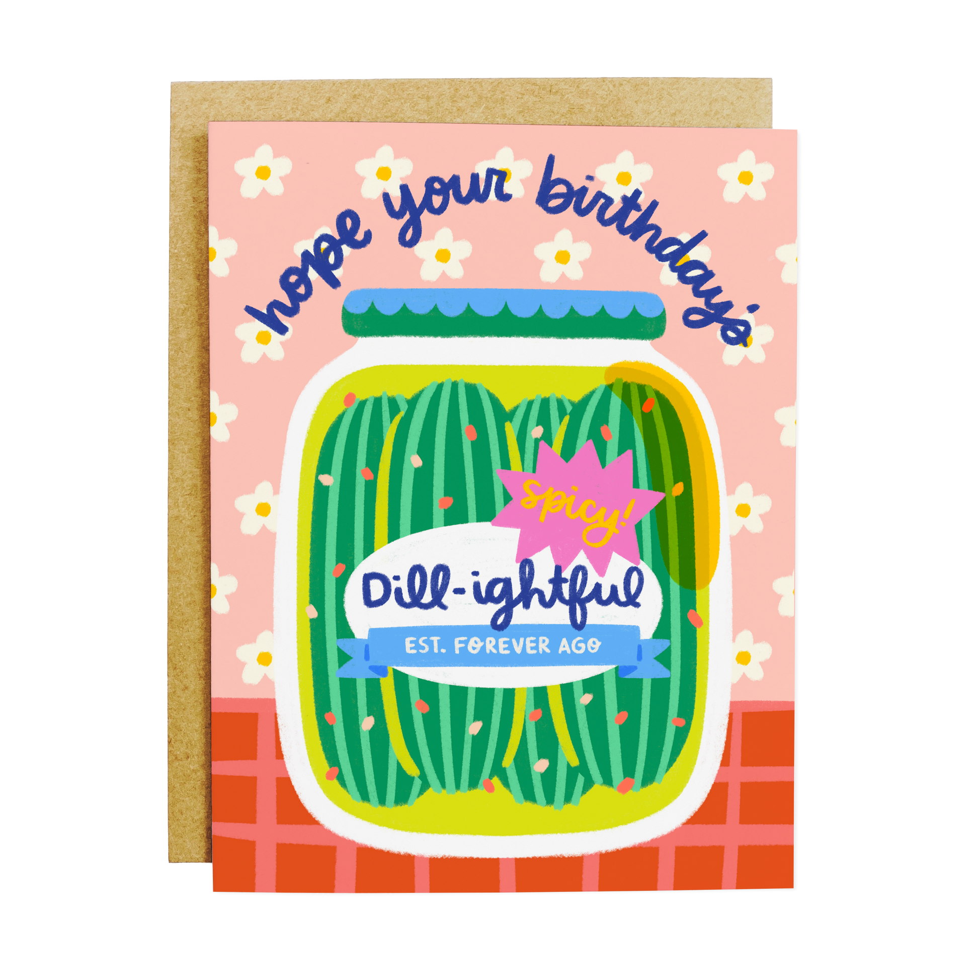 Birthday card with a jar of pickles design and text on a pink background