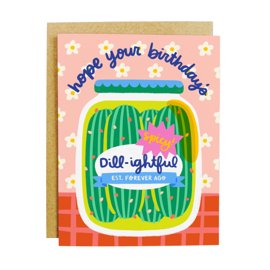 Birthday card with a jar of pickles design and text on a pink background