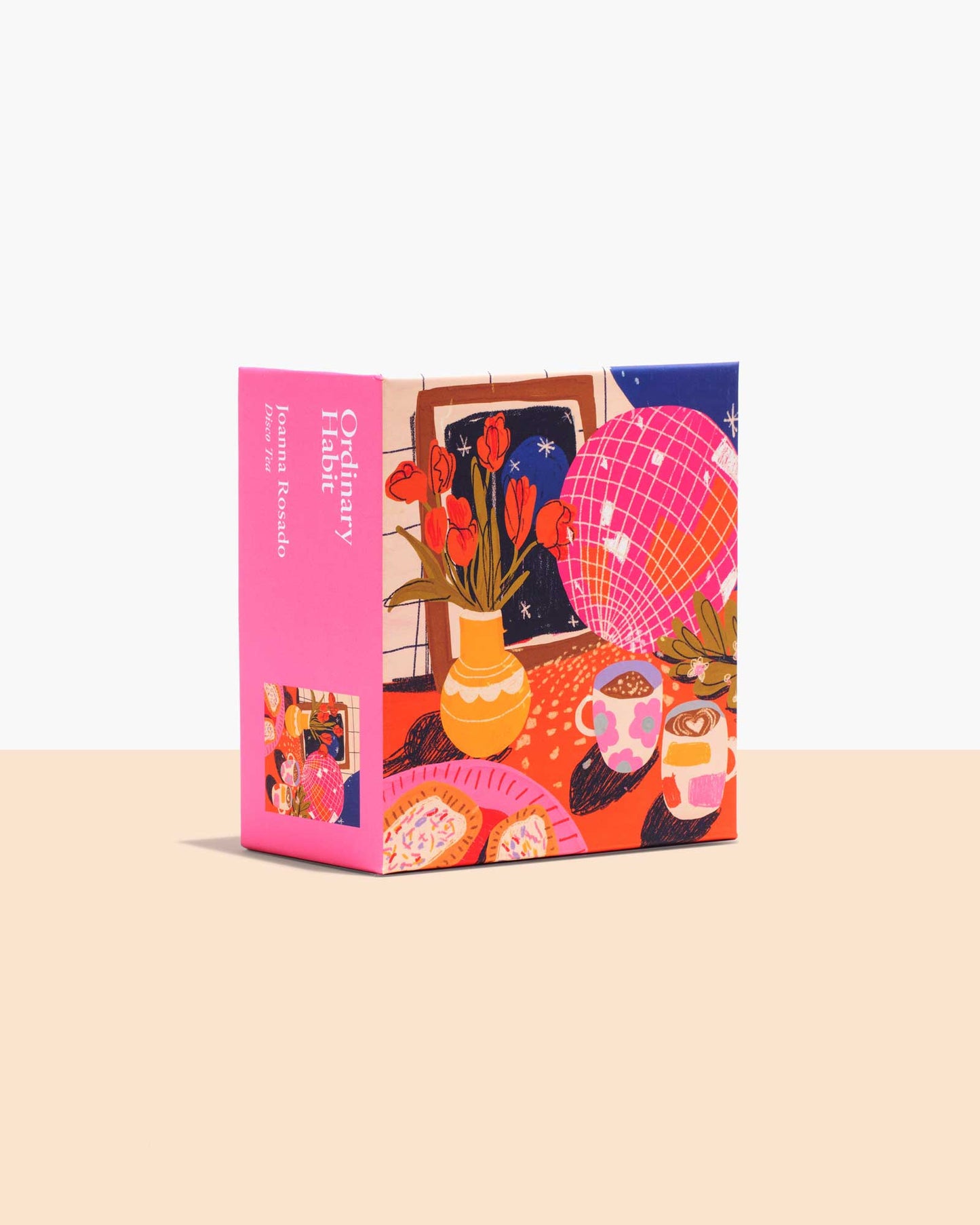 Colorful box with illustrations of a cozy living room scene on a beige background