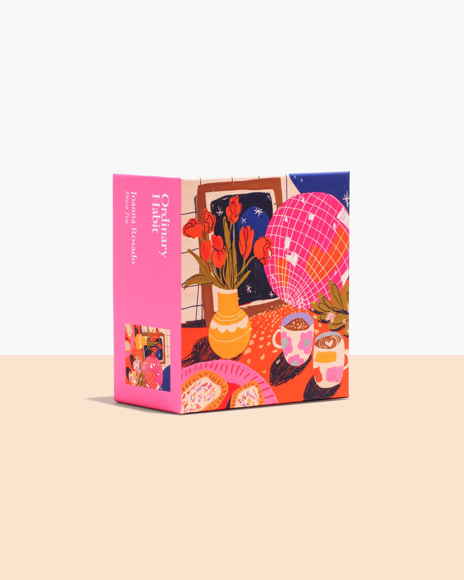 Colorful box with illustrations of a cozy living room scene on a beige background