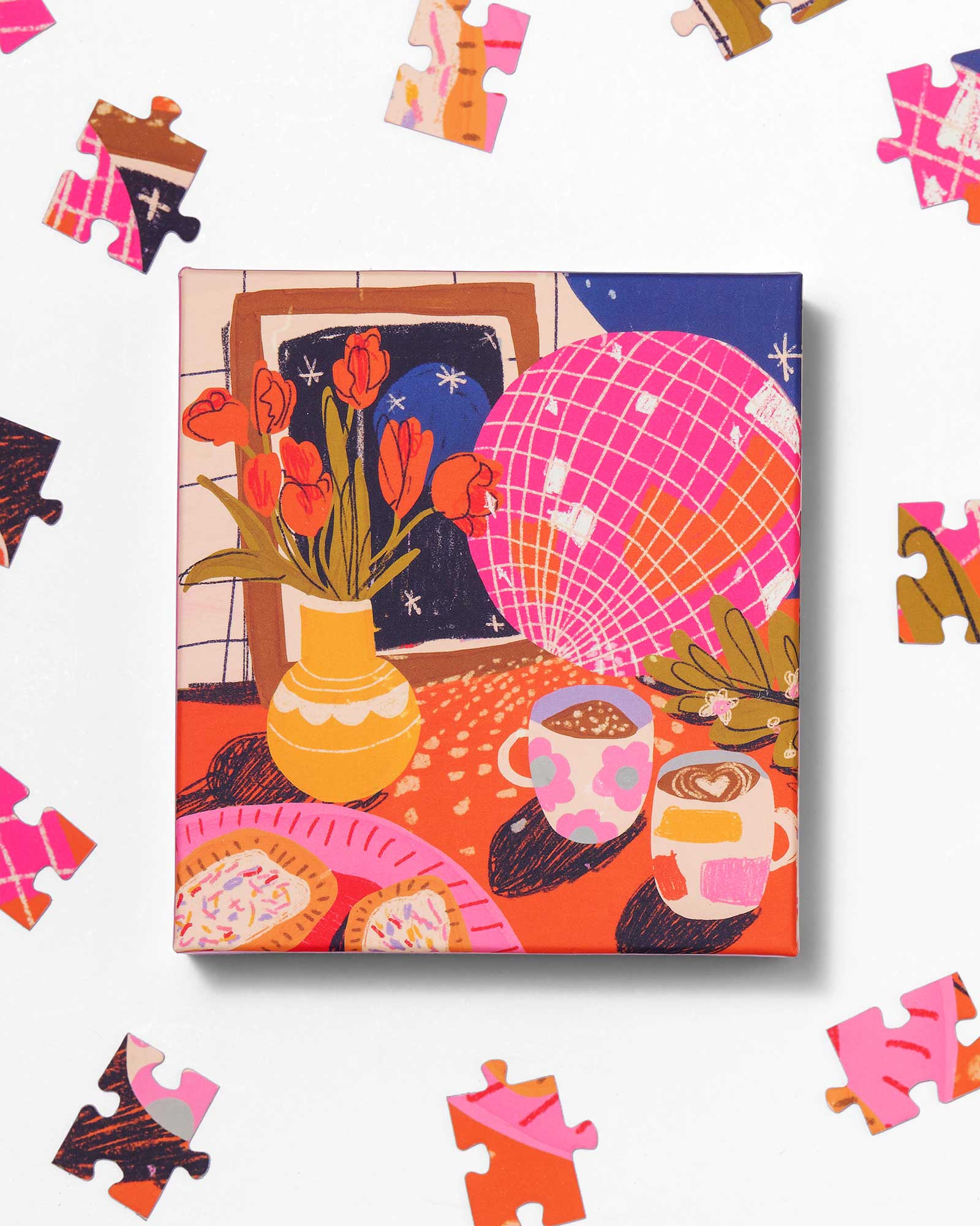 Jigsaw puzzle with a colorful design of a room with flowers, disco ball, and coffee cups.