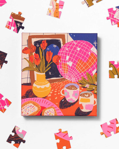 Jigsaw puzzle with a colorful design of a room with flowers, disco ball, and coffee cups.