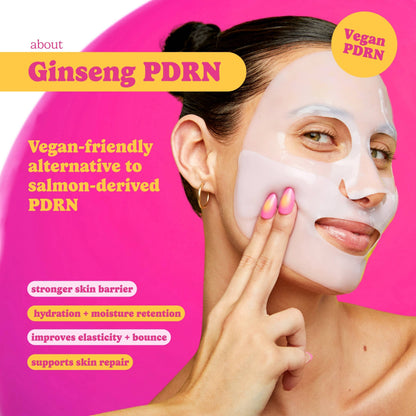 Woman applying a face mask with text about Ginseng PDRN on a pink background