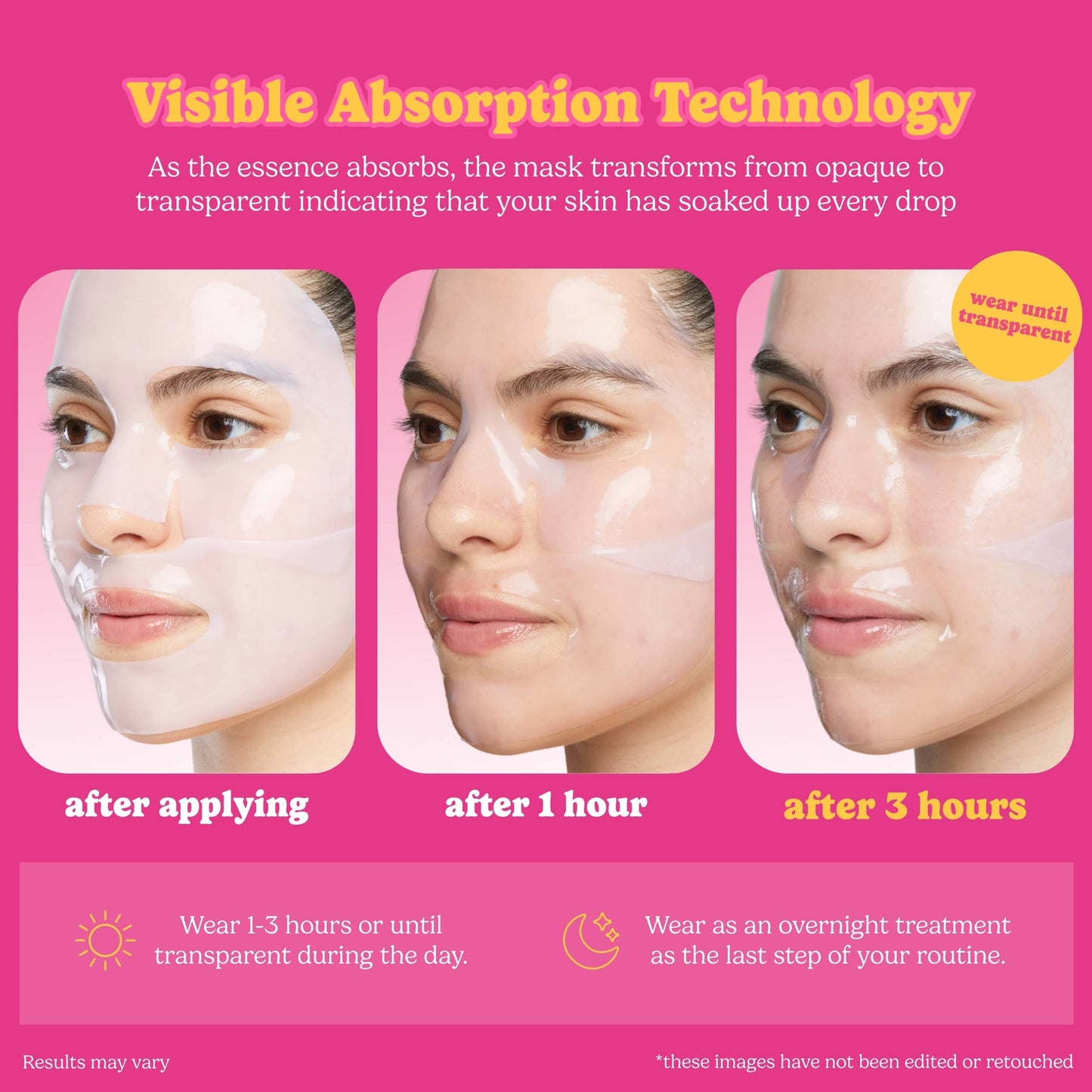 A pink informational graphic for a transparent mask product, showing three side-by-side facial close-ups labeled after applying, after 1 hour, and after 3 hours to demonstrate visible absorption. Text explains the mask transforms from opaque to transparent, with icons and usage notes below.