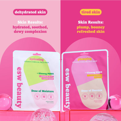 Two stand-up sachet face masks from esw beauty are displayed on a pink promotional background. The left mask is white with a green and pink design and text for 'hydrating Vitamin Hydrogel Face Mask' with Ginseng PDRN and Hyaluronic Acid.