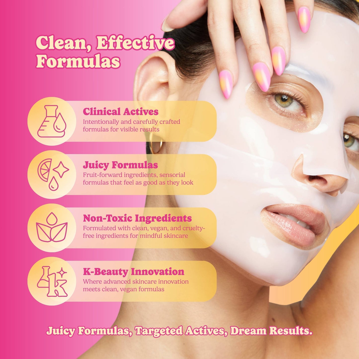 Woman applying a face mask with product features highlighted on a pink background