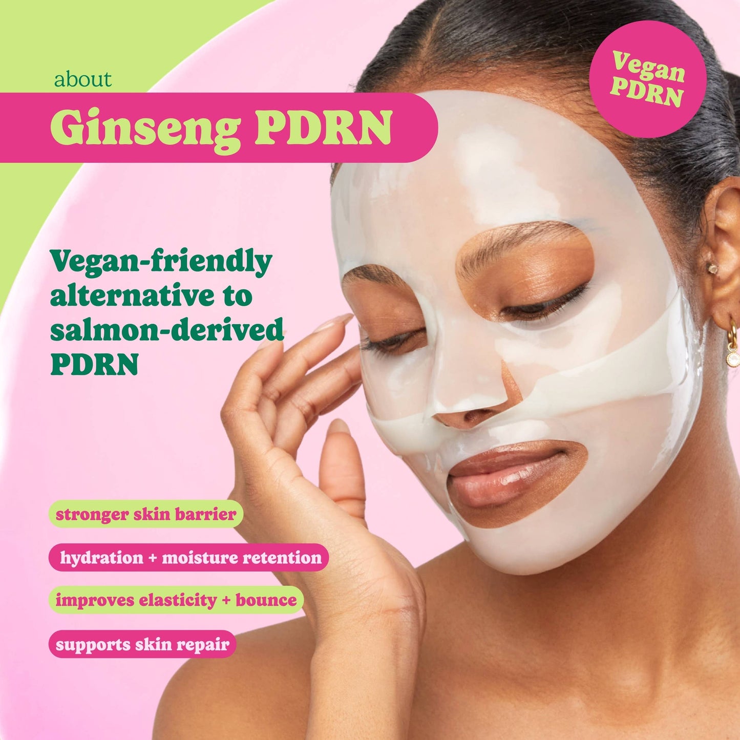 Woman wearing a skincare mask with text about Ginseng PDRN on a pink and green background