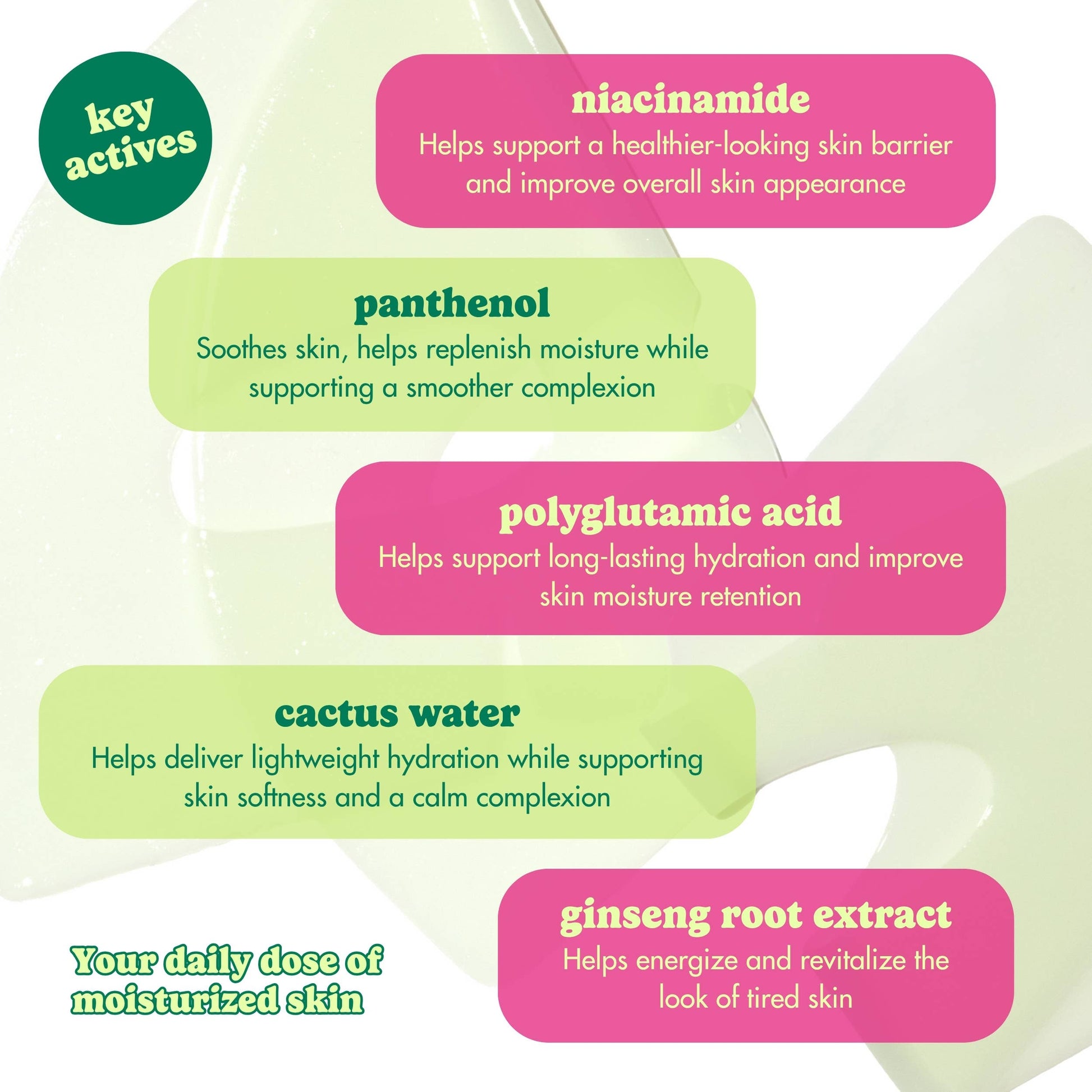 An informational graphic with rounded pink and green text boxes over a pale green abstract background, listing skincare ingredients such as niacinamide, panthenol, polyglutamic acid, cactus water, and ginseng root extract.