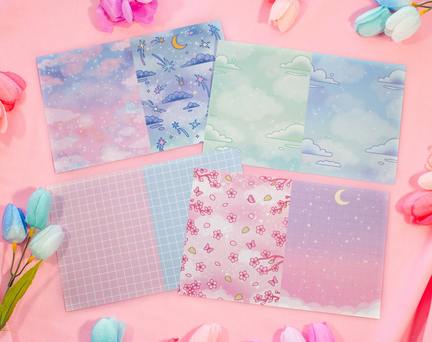 Set of colorful stationery sheets with various designs on a pink background
