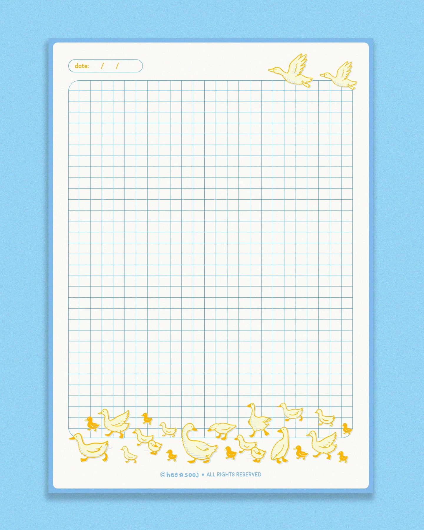 Grid paper with decorative duck illustrations on a blue background