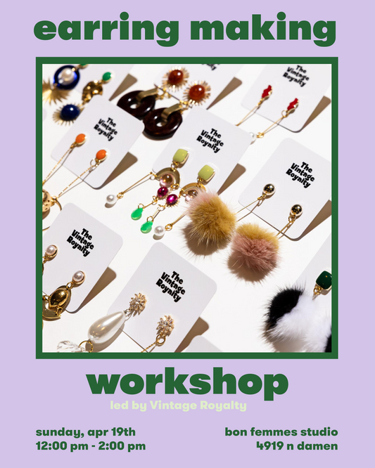 Advertisement for earring making workshop with various earrings on a light purple background
