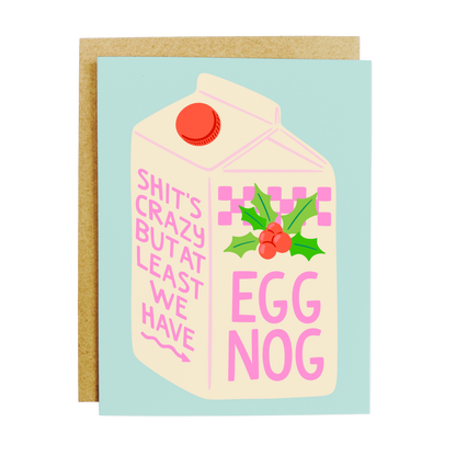Card with a carton design of eggnog and text on a light blue background