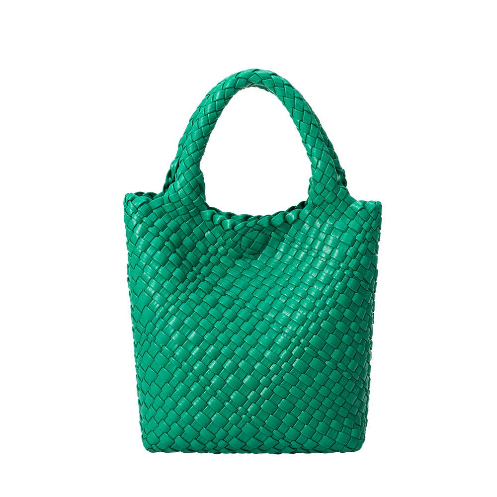 Green woven handbag on a white background, Eloise Woven Small Green Tote Bag Melie Bianco
