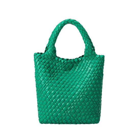 Green woven handbag on a white background, Eloise Woven Small Green Tote Bag Melie Bianco