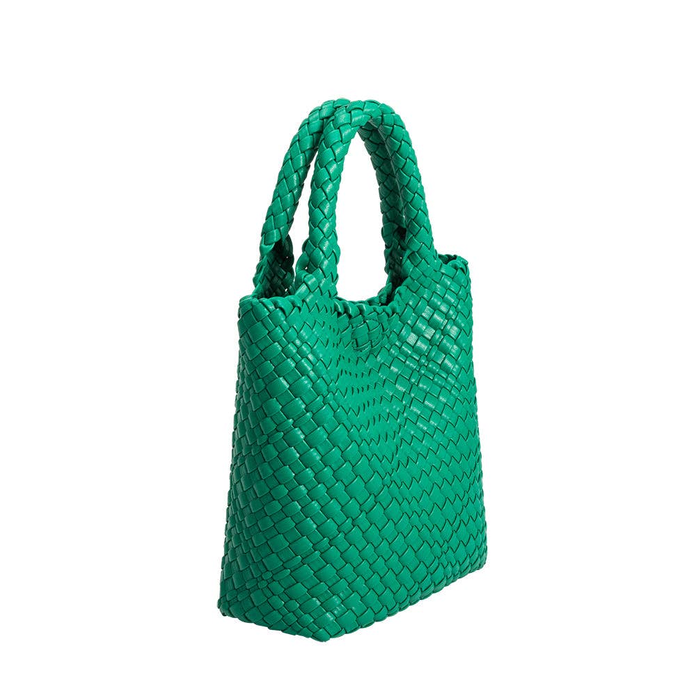 Green woven handbag on a white background, Eloise Woven Small Green Tote Bag Melie Bianco