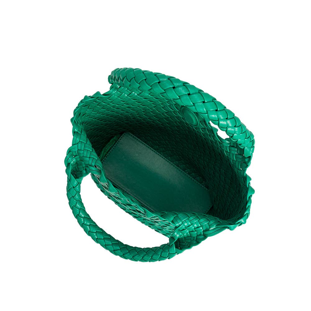 Green woven handbag on a white background, Eloise Woven Small Green Tote Bag Melie Bianco