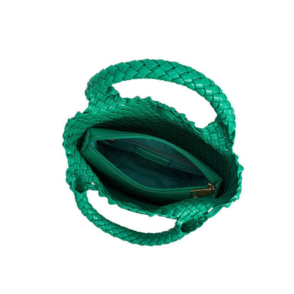 Green woven handbag on a white background, Eloise Woven Small Green Tote Bag Melie Bianco