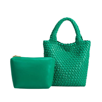 Green woven handbag and matching pouch on a white background, Eloise Woven Small Green Tote Bag Melie Bianco