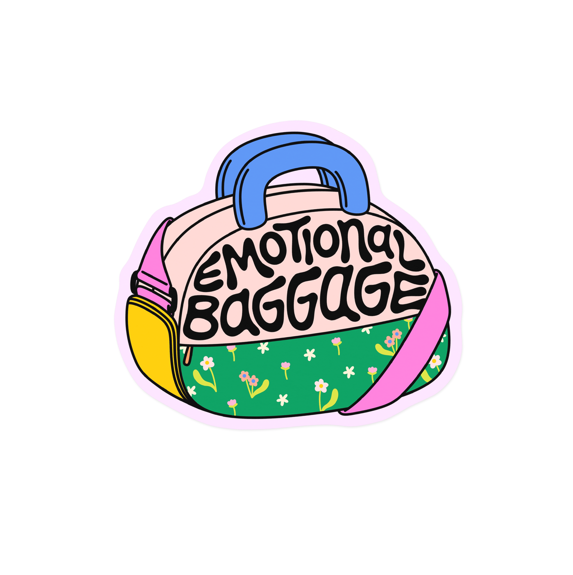 Colorful bag with 'Emotional Baggage' text on a white background