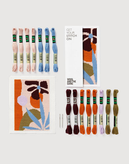 Embroidery thread set with colorful patterns on a white background