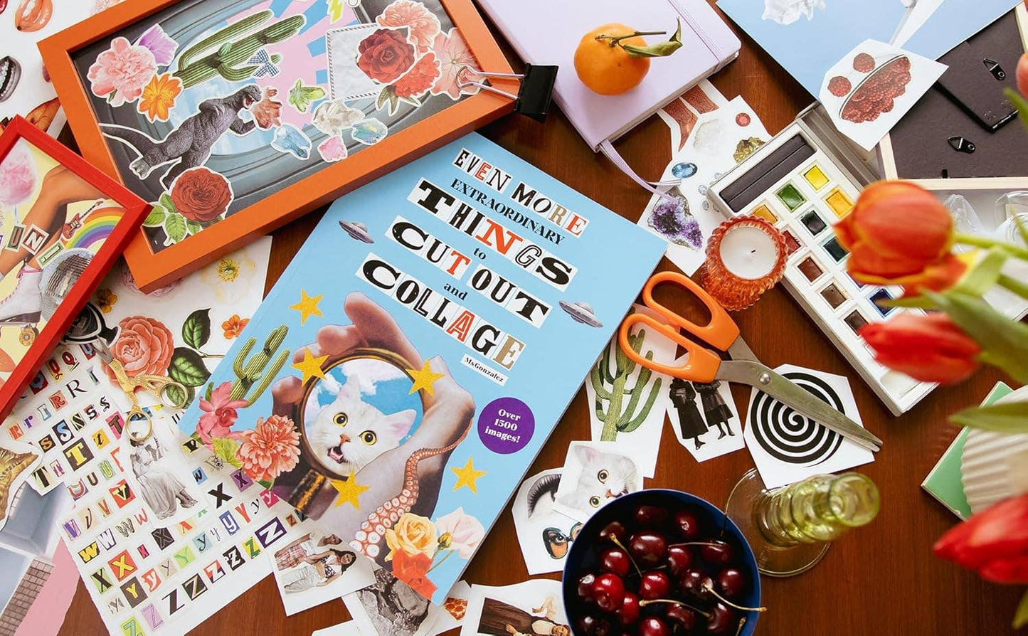 Collage of cut-out art projects and materials on a table