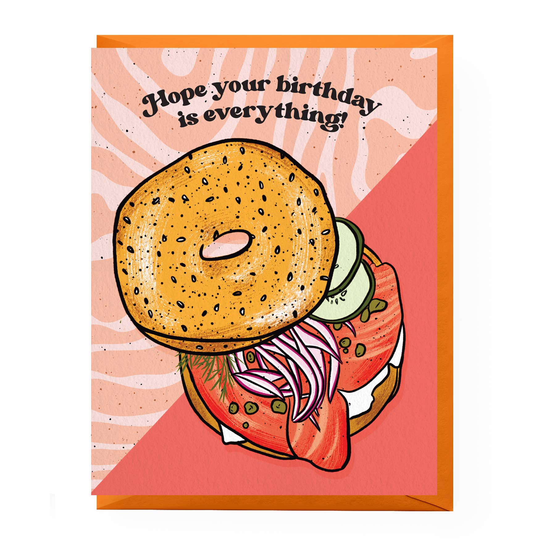 Greeting card with a bagel sandwich illustration and text on a pink background
