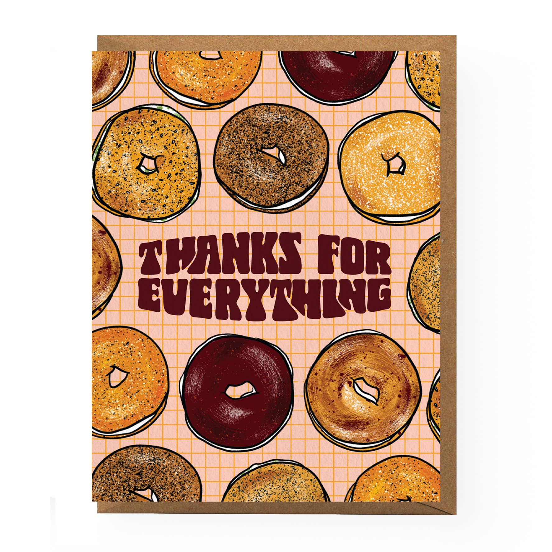 Greeting card with bagel pattern and 'Thanks for Everything' text on a checkered background
