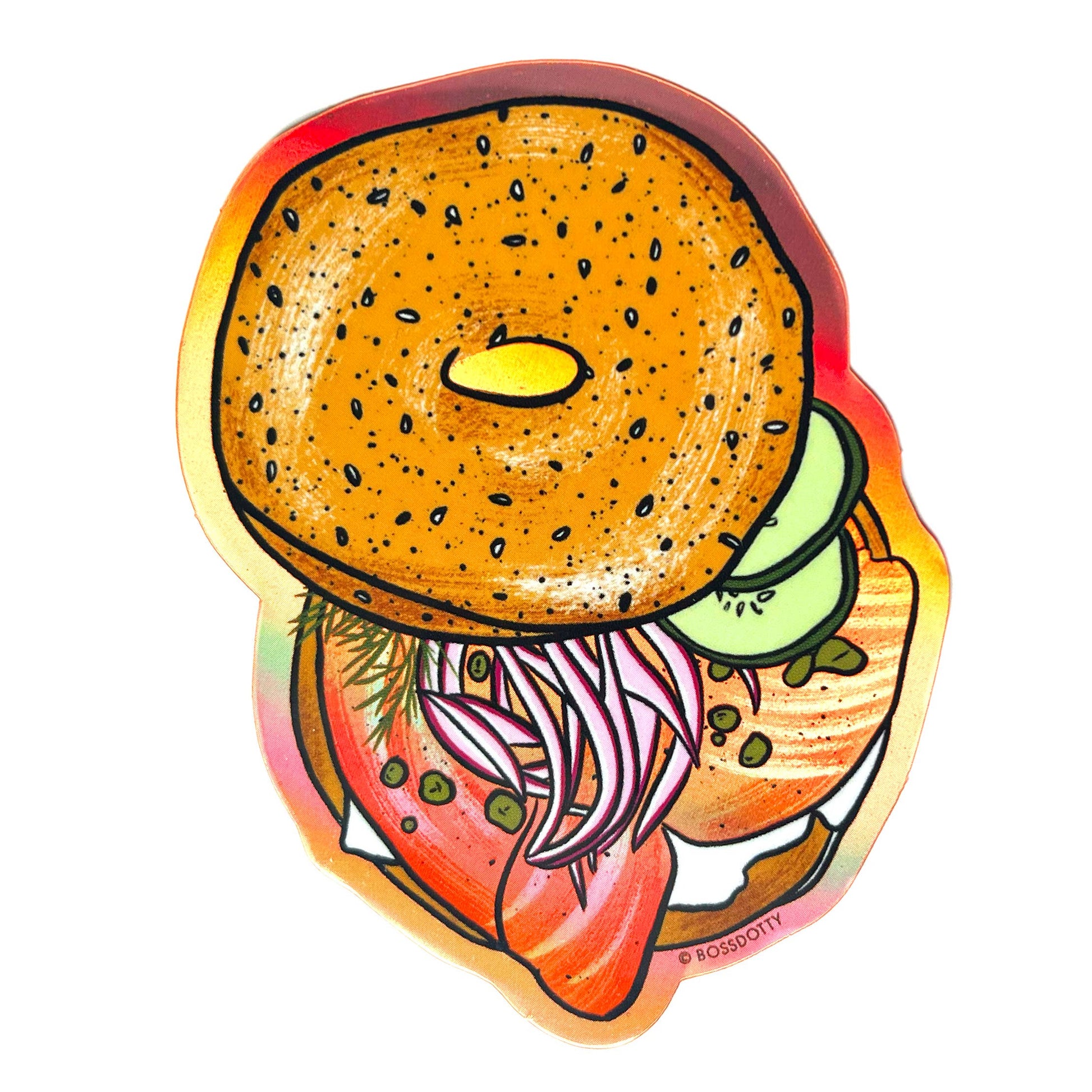 Illustration of a bagel sandwich with salmon, avocado, and onions on a white background