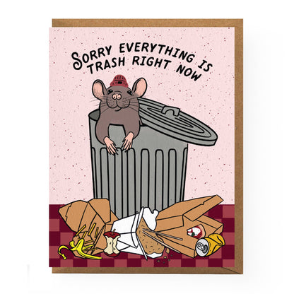 Cartoon mouse in a trash can with text 'Sorry everything is trash right now' on a pink background.