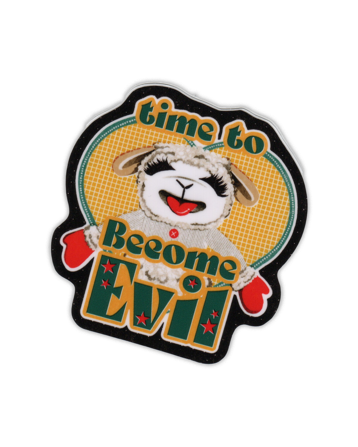 Sticker with a cartoon sheep and text 'time to Become Evil' on a white background