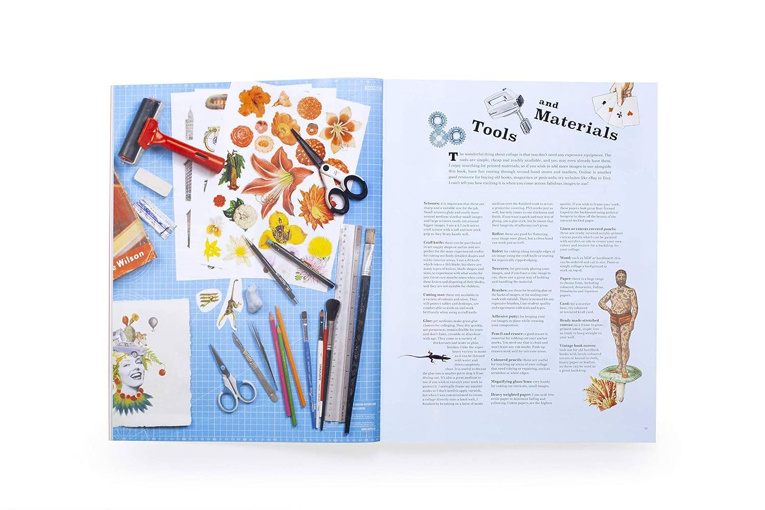 Open book showing illustrations of art supplies and tools on a blue grid background, Extraordinary Things to Cut Out and Collage
