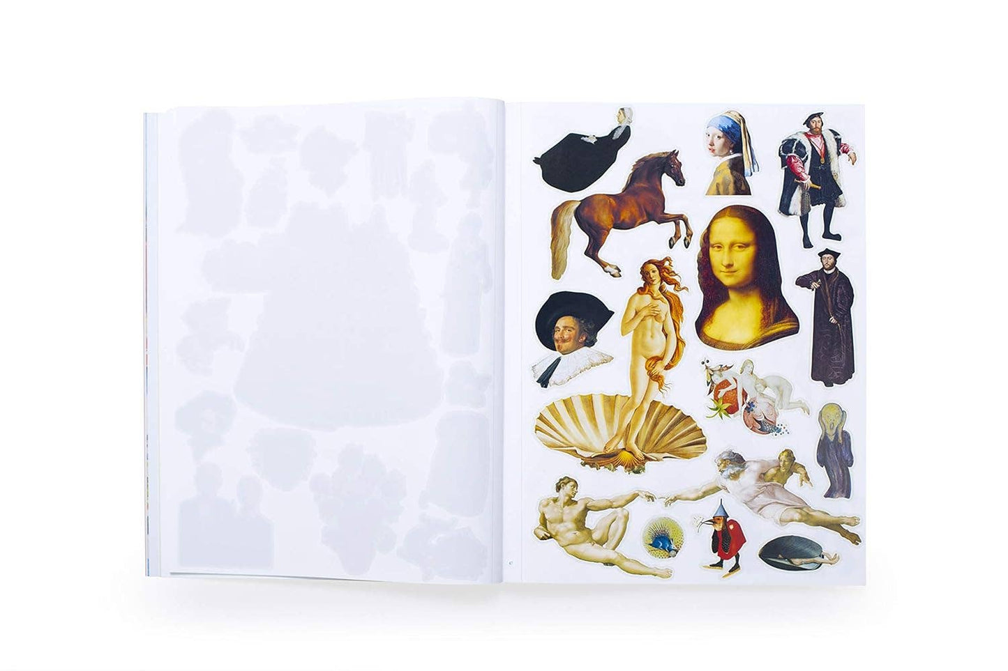Sticker sheet with artistic figures and objects on a white background, Extraordinary Things to Cut Out and Collage