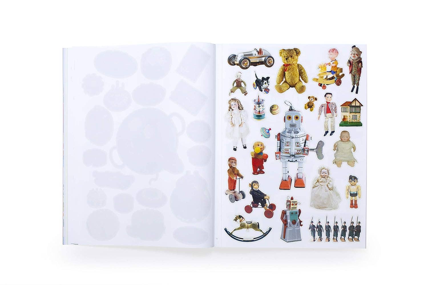 Sticker album with vintage-style toy stickers on a white background